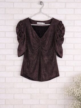Anthropologie bishop + young Bronze Metallic Ruched Puff Sleeve Blouse Size S